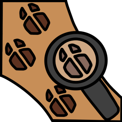 four hoofprints on a light brown path, a magnifying glass over one of the hoofprints.